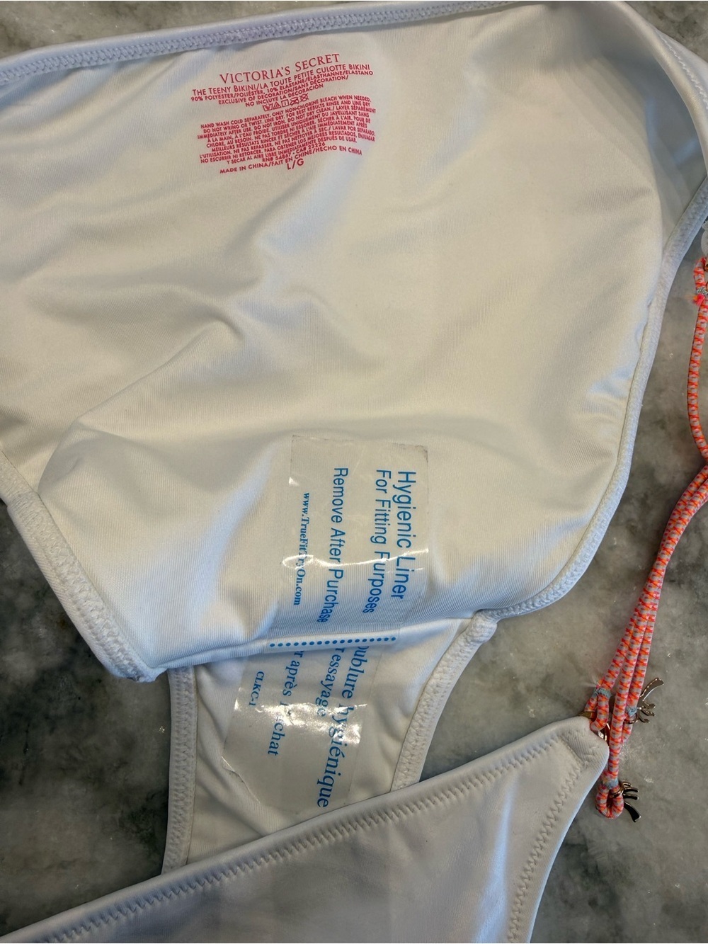 Victoria’s Secret White Bikini Bottom Pink Tie Sides Gold Charm Detail Size L - Picture 5 of 7